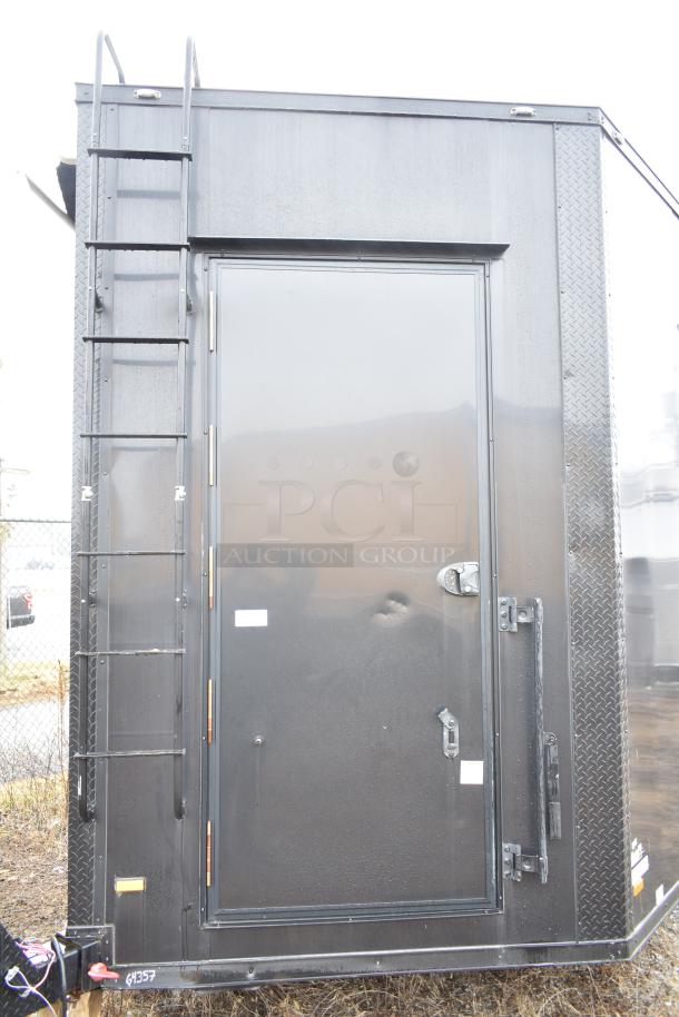 2020 SDG 8.5' x 20' black food trailer shell with side ladder, ready for customization, sold with a clear title.