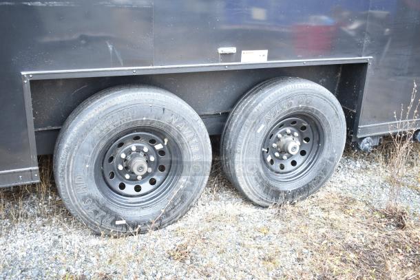 2020 SDG 8.5' x 20' food trailer shell, black, ready for customization. Features dual black wheels, sold with clear title.
