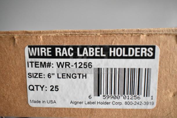Box labeled "Wire Rac Label Holders," Item#: WR-1256, Size: 6" Length, Qty: 25, Made in USA, by Aigner Label Holder Corp.