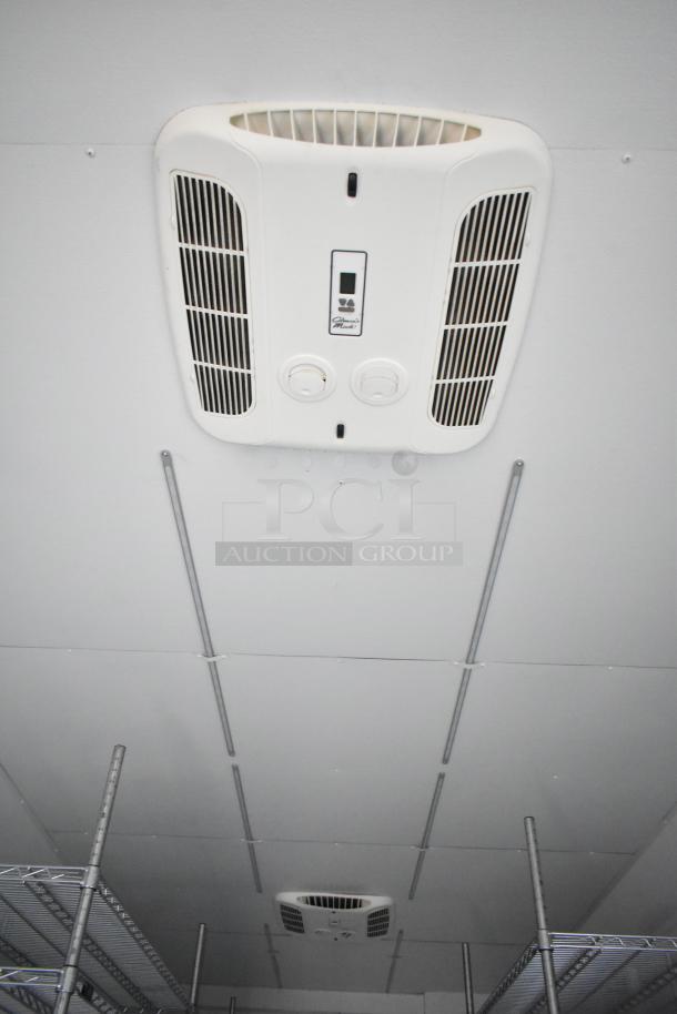 2020 SDG 8.5' x 20' food trailer shell interior, equipped with ceiling vents, wire shelving units, ready for customization.