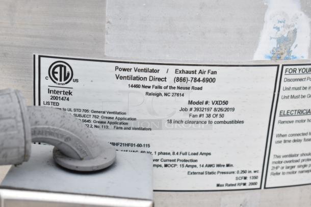 Label on power ventilator of Burger King mobile kitchen trailer, showing model VXD50, Intertek listed, general ventilation specs.