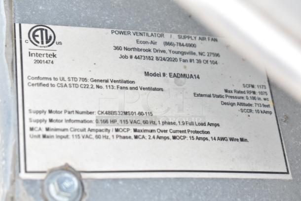 Label for Econ-Air Power Ventilator, Model EADMUA14, detailing motor specifications and certifications.