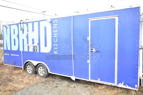 Blue mobile kitchen trailer featuring Burger King corporate spec equipment, triple axle, and full POS infrastructure.