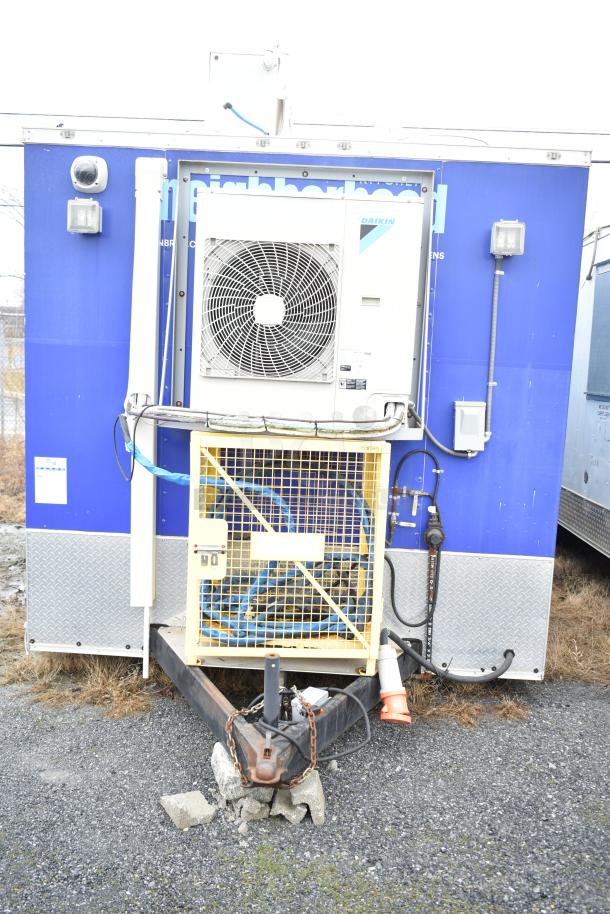 Mobile kitchen trailer with Daikin HVAC unit, triple axle, blue exterior. Fully outfitted with kitchen equipment for Burger King.