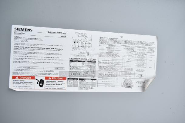 Electrical load center label for Siemens outdoor setup, showing wiring diagrams, usage instructions, and a warning about hazardous voltage.