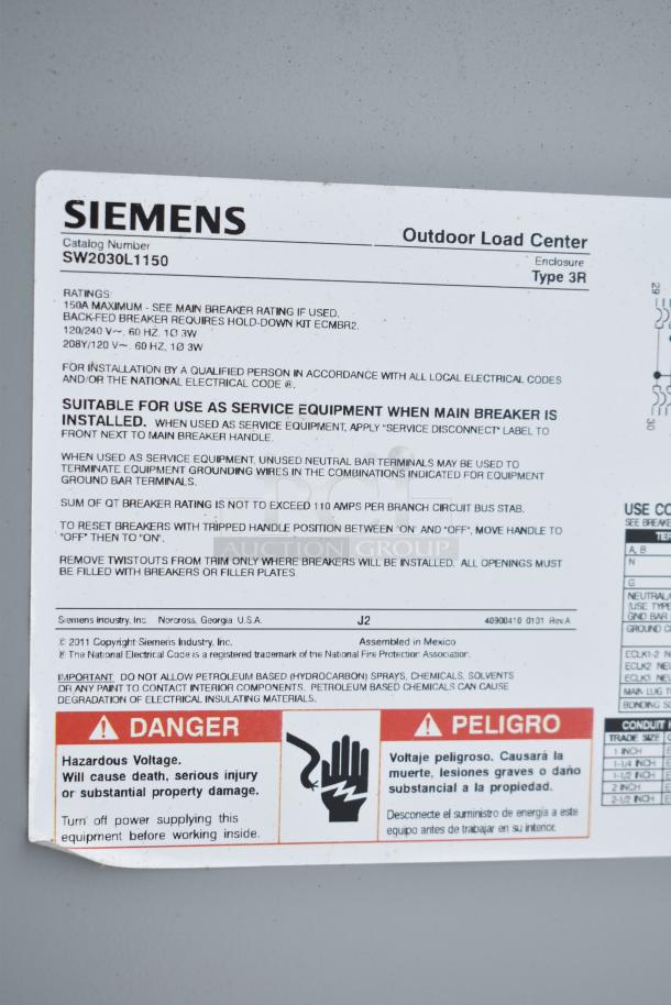 Siemens outdoor load center label, catalog SW2030L1150, Type 3R enclosure, with various electrical ratings and safety warnings.
