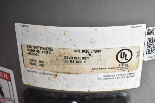 Label on Mobile Kitchen Trailer equipment, model EGSP10, manufactured 07/2019, 120 volts AC, 10-gallon capacity.