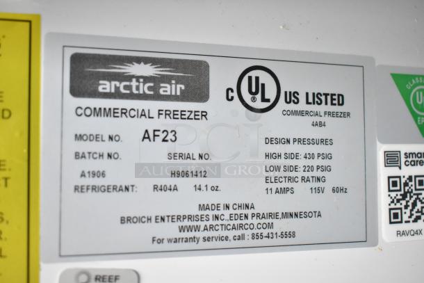 Arctic Air commercial freezer label, model AF23, UL listed, design pressures, refrigerant R404A, 14.1 oz, Made in China.