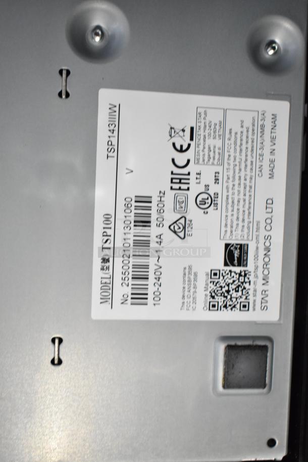 Image showing the model label of a Star Micronics device, model TSP100, with various regulatory marks and codes.