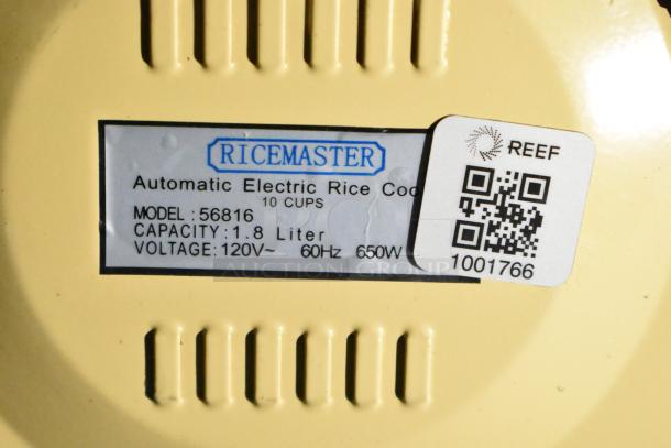 Alt text: Ricemaster electric rice cooker label showing model 56816, 1.8-liter capacity, 120V, 60Hz, 650W, with REEF QR code.