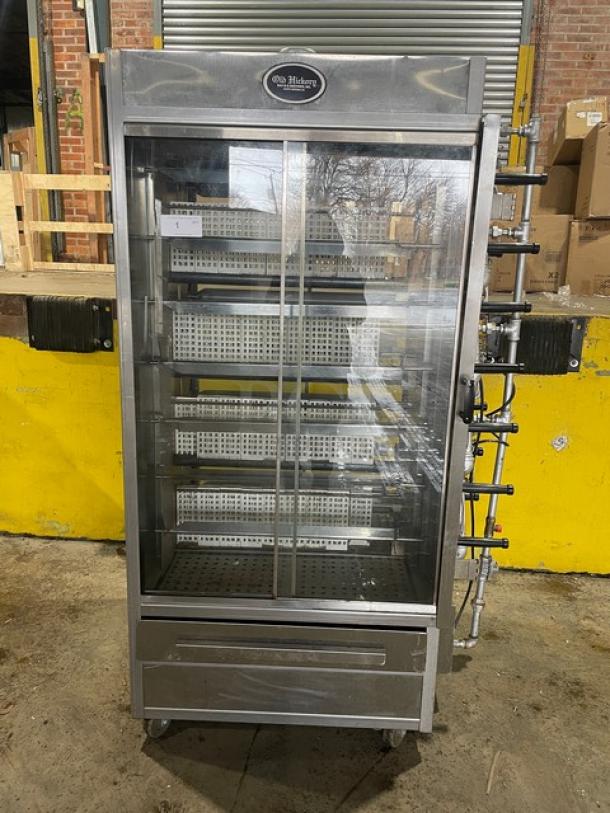 Old Hickory 2022 N14G stainless steel natural gas rotisserie oven, 14-spit, sliding glass doors, on casters, model N/14G.