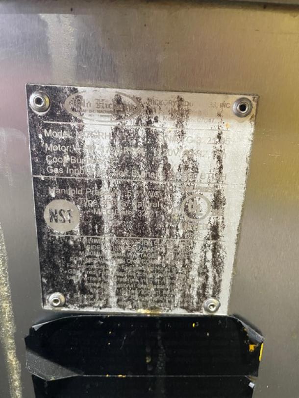 Old Hickory N7GRH rotisserie oven label, showing model details and certifications, on stainless steel surface.