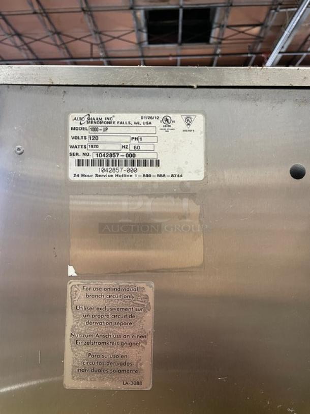 Alto-Shaam Halo-Heat Series dual compartment heated cabinet, model 1000-UP, serial 1042857-000, on casters, 120V 1-phase.