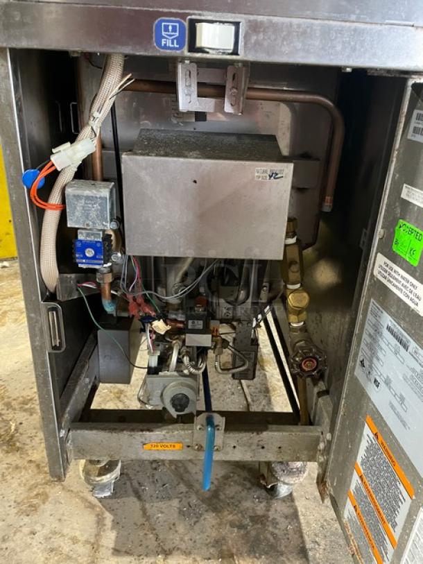 Pitco SRTG commercial stainless steel gas rethermalizer/pasta cooker, 17.5 gal, digital controls, on casters, with backsplash.