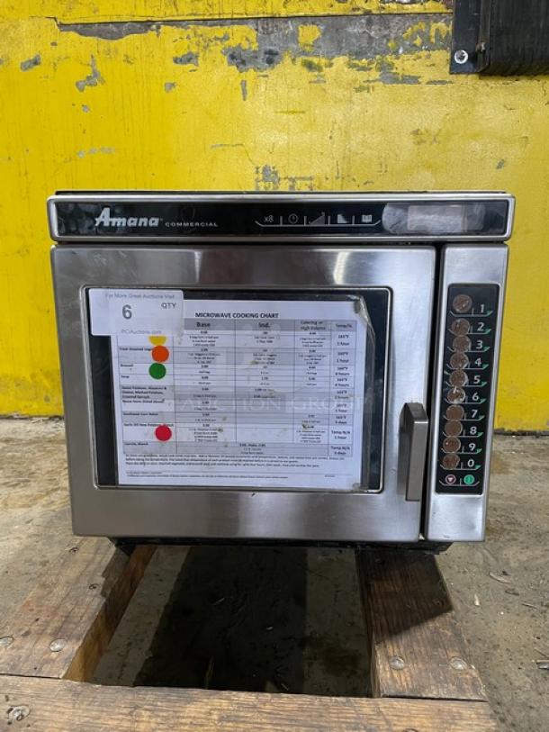 MenuMaster MRC30S2 commercial countertop microwave oven, stainless steel, programmable touch control, 208/240V, with chart.