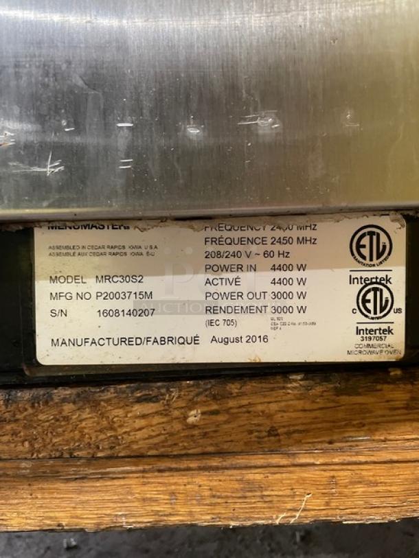 Stainless steel MenuMaster MRC30S2 microwave, programmable touch control, 208/240V, model tag with specs visible, August 2016.