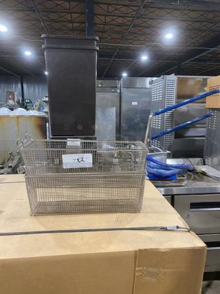 NEW Pitco commercial wired mesh oblong fry basket with front hook and blue grip handle, perfect condition, item tag visible.