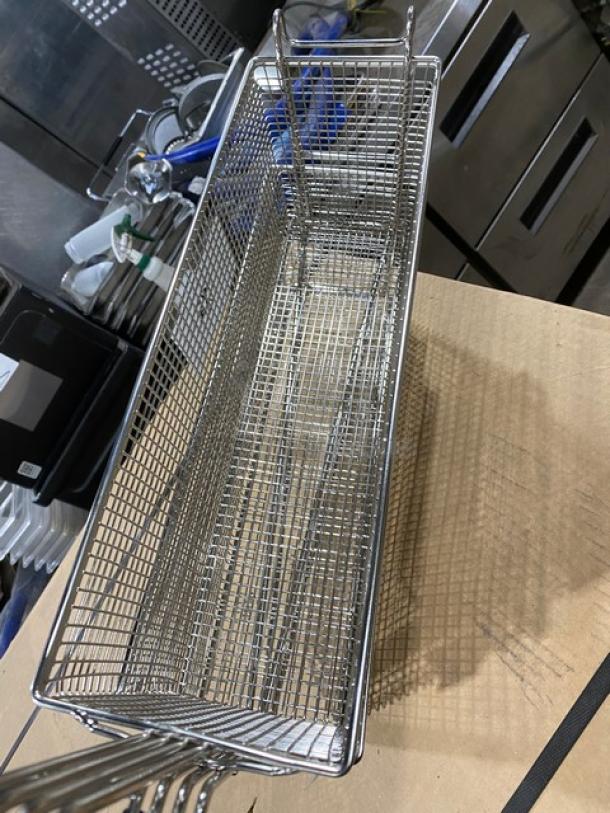 NEW Pitco commercial mesh oblong fry basket with front hook and blue grip handle, pristine condition.