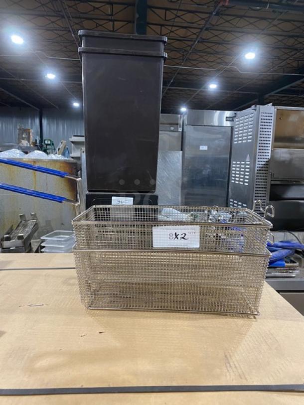 NEW Pitco commercial wired mesh oblong fry basket with front hook, blue grip handle; label reads "8x2"; new condition.