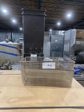 NEW Pitco commercial wired mesh oblong fry basket with front hook, blue grip handle; label reads "8x2"; new condition.