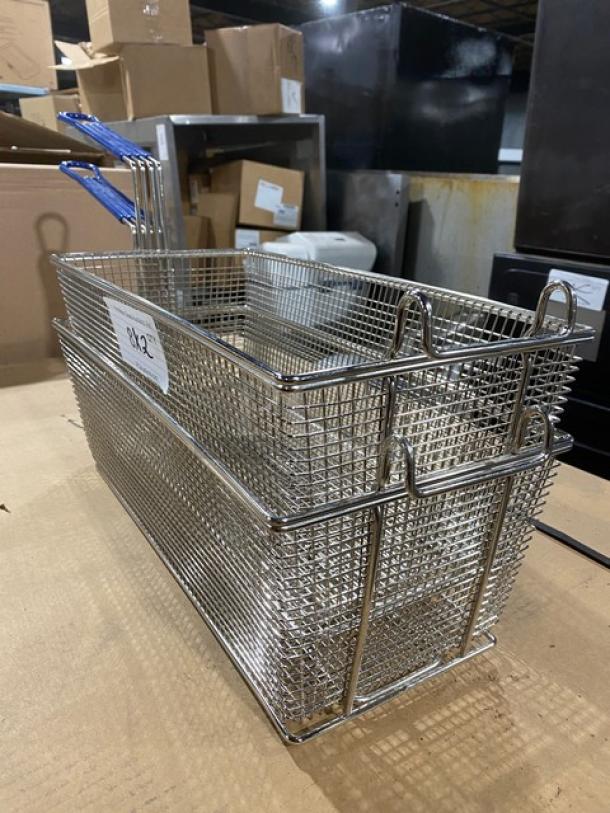 NEW Pitco commercial wired mesh oblong fry basket with front hook, blue grip handle, pristine condition, item tag visible.