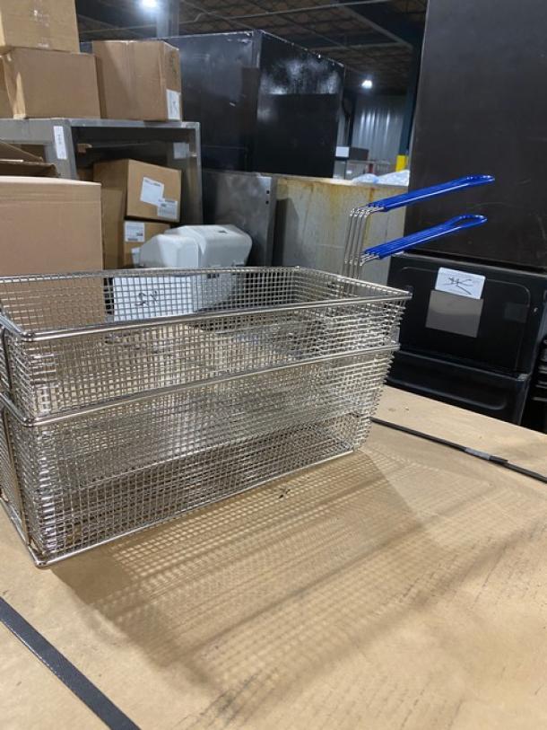 NEW Pitco commercial oblong fry basket, wired mesh, front hook, blue grip handle. Unused, key kitchen accessory.