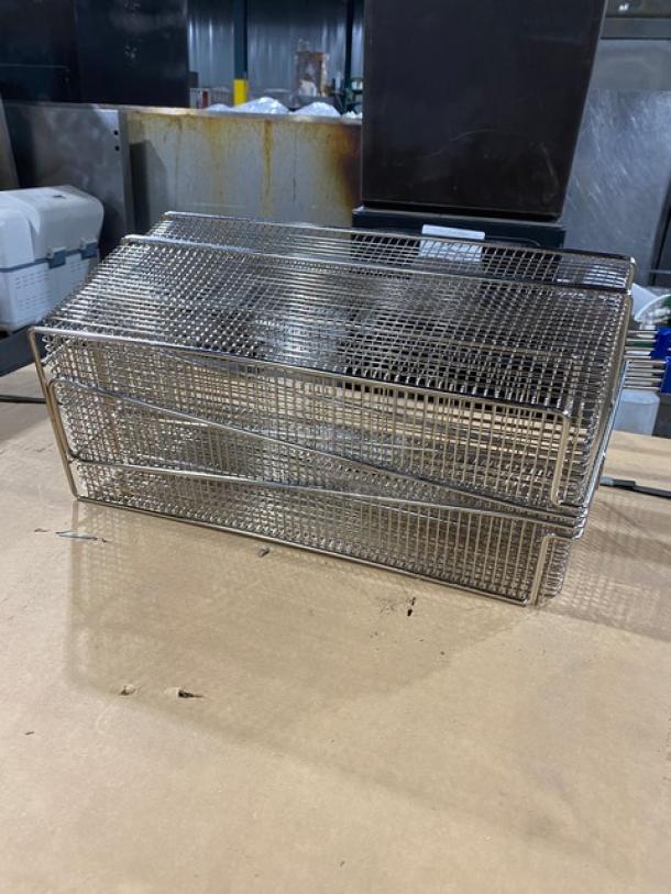 NEW Pitco commercial wired mesh oblong fry basket with front hook and blue grip handle, shown in pristine condition.