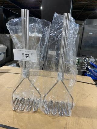 TableCraft 7418 stainless steel potato mashers, new condition, 18" square face, commercial grade, wrapped in plastic.