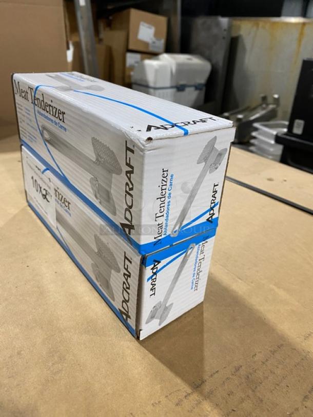 NEW Adcraft MTA10 Aluminum Square Head Meat Tenderizer in box. Model: MTA-10. Box shows product details and branding.
