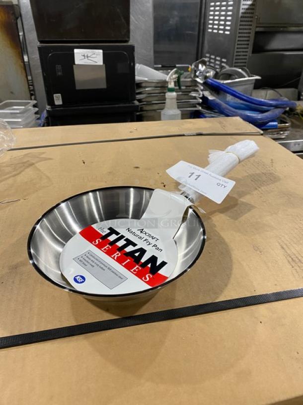 NEW Adcraft Titan Series 8" round induction-ready fry pan, Model FPSI-8, stainless steel, brand tag attached.