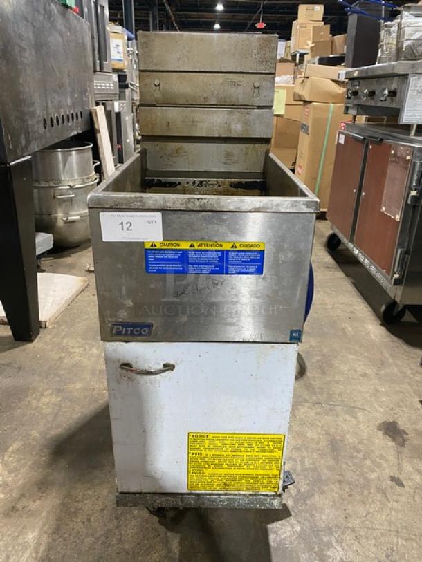 Pitco 45C-S commercial stainless steel deep fat fryer, natural gas, 42 lb capacity, with backsplash, basket hanger, on casters.