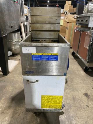 Pitco 45C-S commercial stainless steel deep fat fryer, natural gas, 42 lb capacity, with backsplash, basket hanger, on casters.
