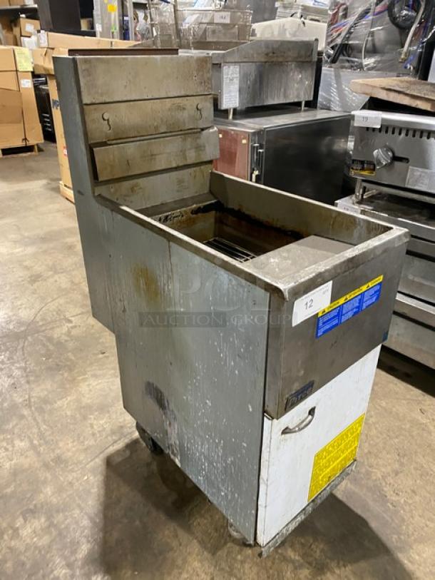 Pitco Model 45C-S stainless steel natural gas fryer on casters, with backsplash and basket hanger, used condition.