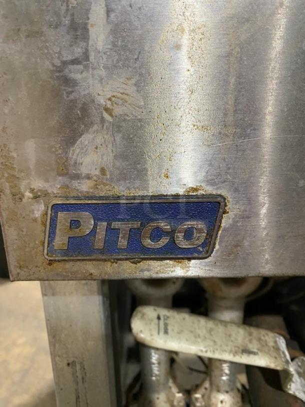 Pitco 45C-S stainless steel deep fryer, natural gas, 42 lb capacity, visible logo, used condition with scratches.