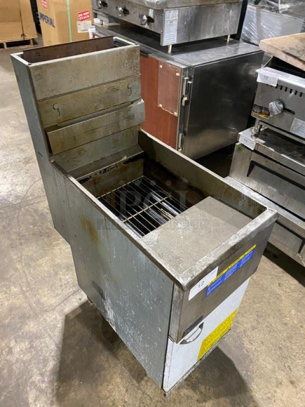 Pitco 45CS stainless steel 42 lb. deep fat fryer, natural gas, with backsplash and basket hanger, on casters, worn condition.
