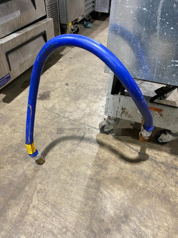 Pitco commercial stainless steel fryer model 45C-S on casters, visible gas connection hose.