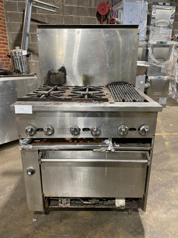 Jade Range stainless steel gas-powered 4-burner split top char broiler range/oven combo with backsplash and wired oven rack.