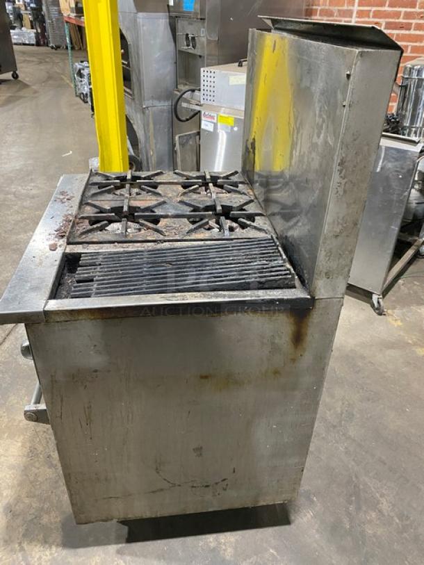 Jade Range stainless steel gas 4-burner char broiler range/oven combo with backsplash, wired oven rack, on legs. Used condition.