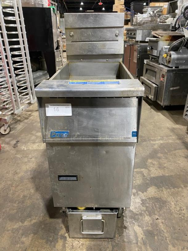 Pitco SFSG14JS stainless steel 40 lb. deep fat fryer with backsplash, basket hanger, filtration system, on casters, natural gas.