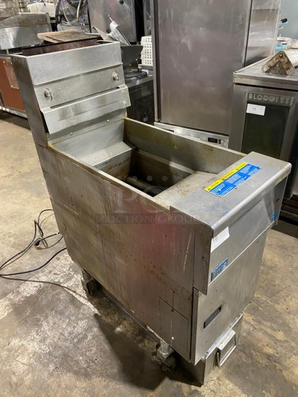 Pitco SFSG14JS 40 lb. stainless steel gas fryer with backsplash, basket hanger, filtration system; on casters; SN: G12MC060863.