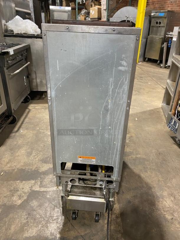 Pitco SFSG14-JS 40 lb. stainless steel deep fat fryer, natural gas, filtration system, on casters, used condition.