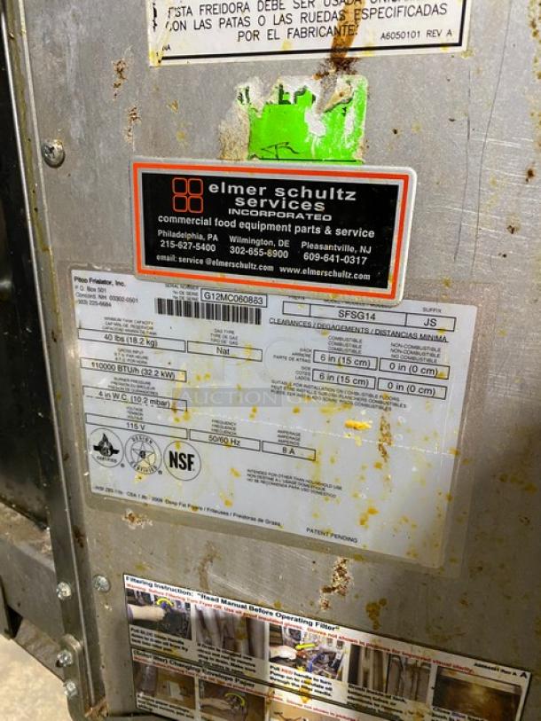 Pitco SFSG14-JS commercial fryer, stainless steel, natural gas, 40 lb. capacity, with filtration system, on casters, used condition.