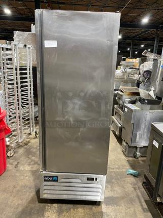 Asber 2021 commercial stainless steel single door reach-in freezer, model ARF17FHC, on casters, with coated wire rack.