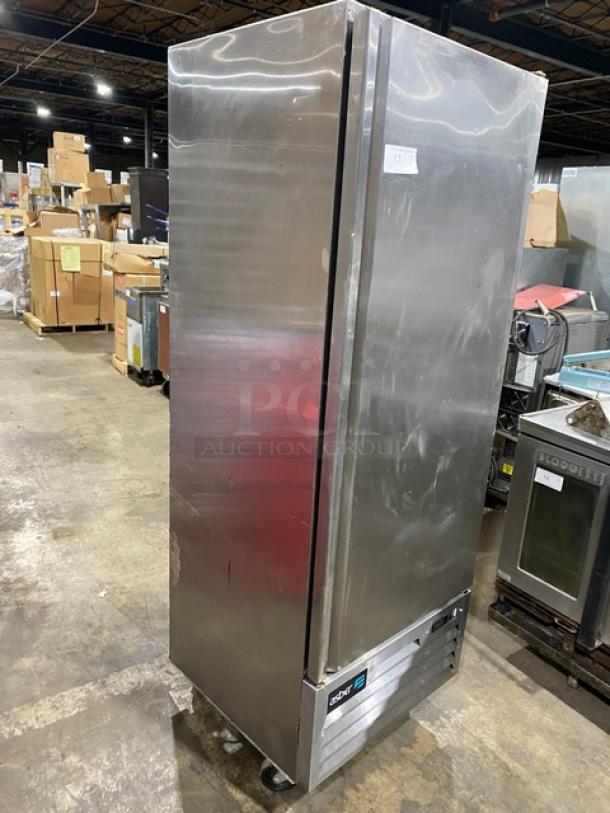 Asber 2021 commercial stainless steel single door freezer, Model ARF17FHC, on casters, with coated wired rack.