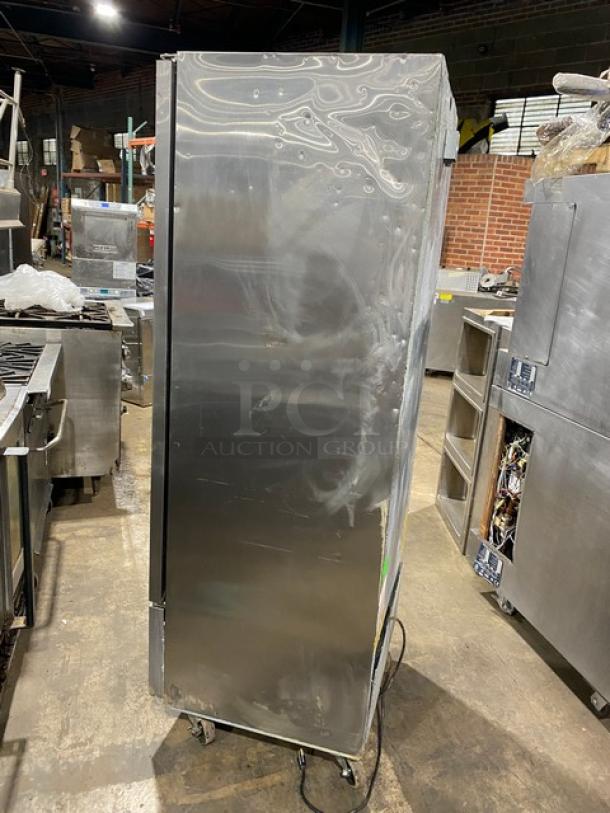 Asber 2021 stainless steel single door reach-in freezer, model ARF17FHC, on casters with coated wired rack.