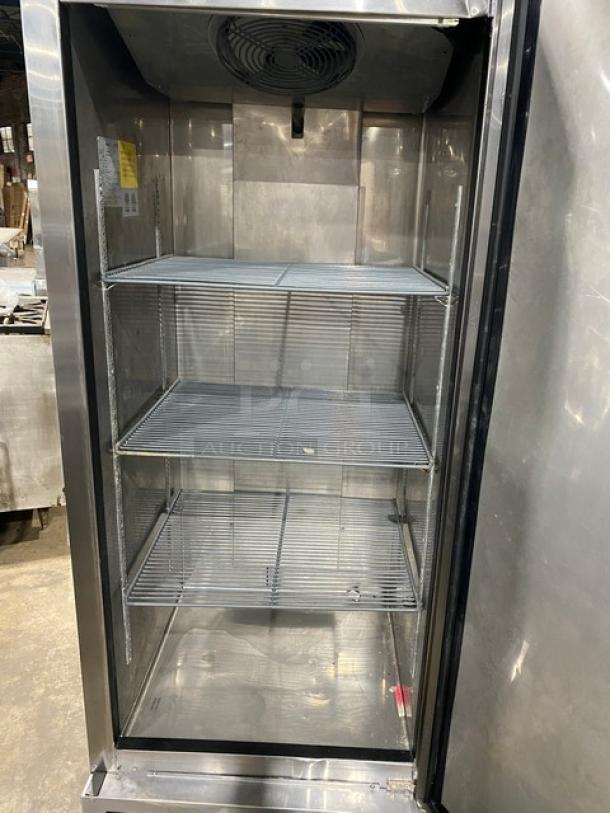 Asber ARF17FHC 2021 commercial stainless steel single door reach-in freezer, features coated wired racks, on casters.