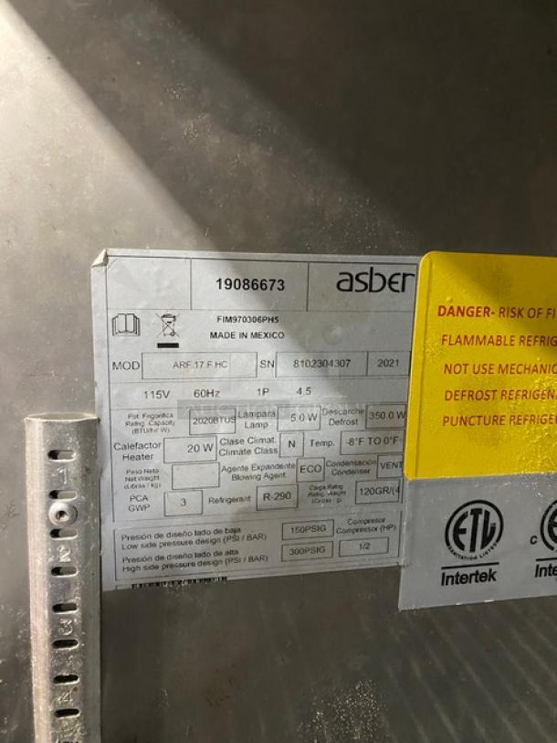 Asber model ARF17FHC label, SN 8102304307, 115V 1 Phase, with warnings and specifications visible, dated 2021.