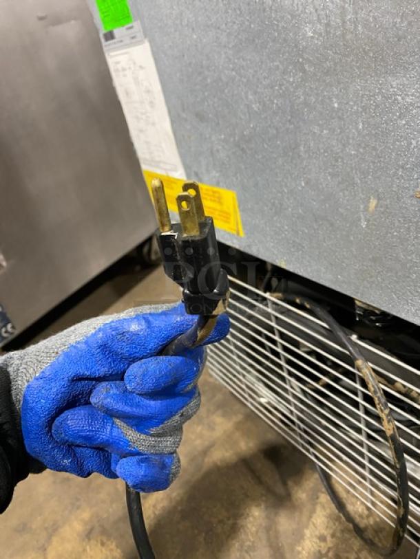 Asber 2021 stainless steel single door reach-in freezer, model ARF17FHC, with coated wired rack, on casters, 115V plug shown.