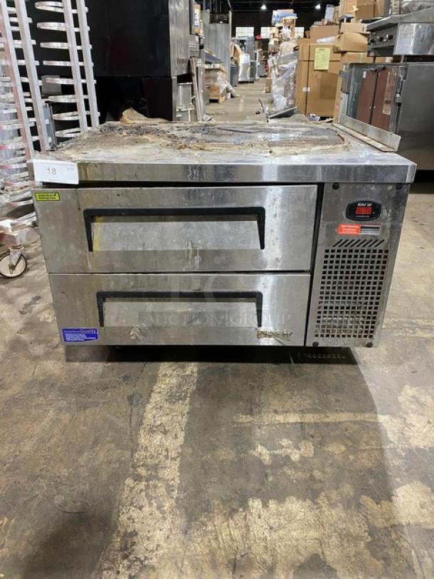 Turbo Air stainless steel 2-drawer refrigerated chef base on casters, used condition, digital temperature display, visible labels.