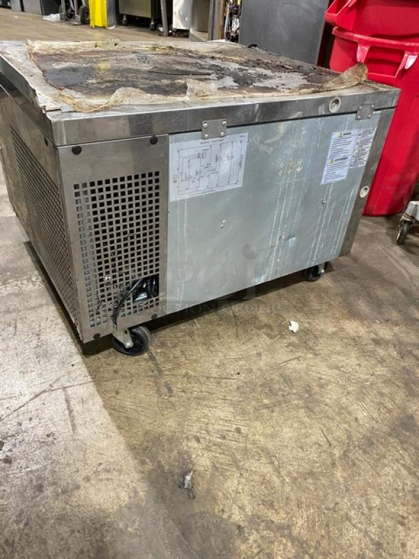 Turbo Air stainless steel 2-drawer refrigerated chef base on casters. Used condition with visible wear and labels.